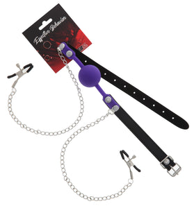 BALL GAG PURPLE W/ADJUSTABLE NIPPLE CLAMPS