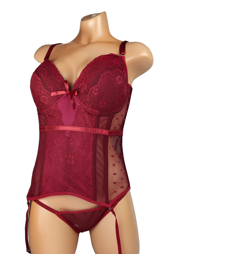 INTERNAL LOVE SATIN AND MESH CORSET RED